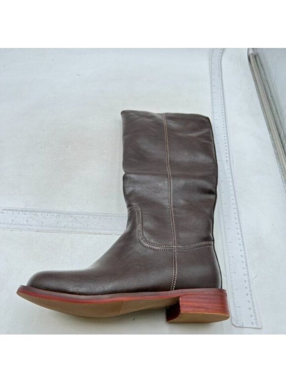 Knee High Boots Women Faux Leather Elastic Boots Low Heel Round Toe Brown